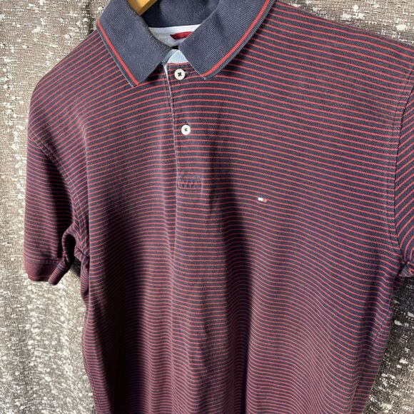 Tommy Hilfiger Polo Shirt Men's L Blue and Red Striped Casual Short Sleeve - Picture 3 of 12